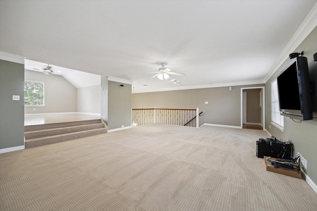 42 Stalybridge St, Sugar Land, TX 77479 - unfurnished living room featuring ceiling fan, carpet flooring, healthy amount of natural light, and ornamental molding