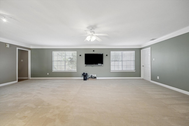 42 Stalybridge St, Sugar Land, TX 77479 - unfurnished living room with ornamental molding, a ceiling fan, light carpet, and baseboards