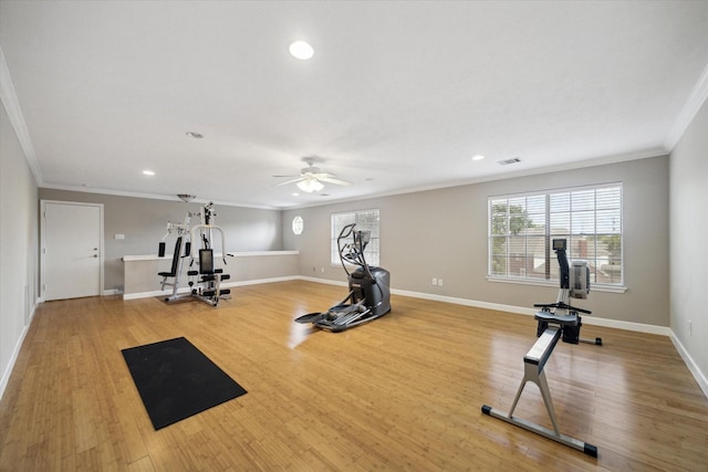 42 Stalybridge St, Sugar Land, TX 77479 - exercise area with ornamental molding, light wood-style flooring, recessed lighting, a ceiling fan, and baseboards