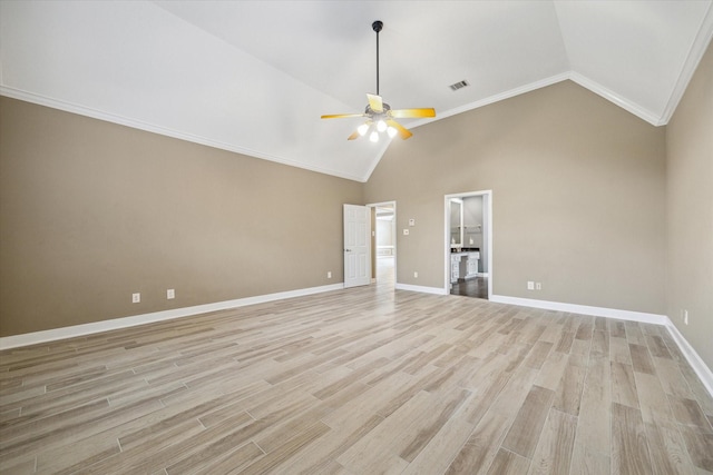 42 Stalybridge St, Sugar Land, TX 77479 - spare room featuring lofted ceiling, a ceiling fan, light wood-style floors, crown molding, and baseboards