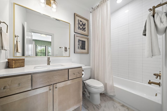 1720 Sedola Ln, Houston, TX 77055 - bathroom featuring vanity, toilet, marble finish floors, and shower / bathtub combination with curtain