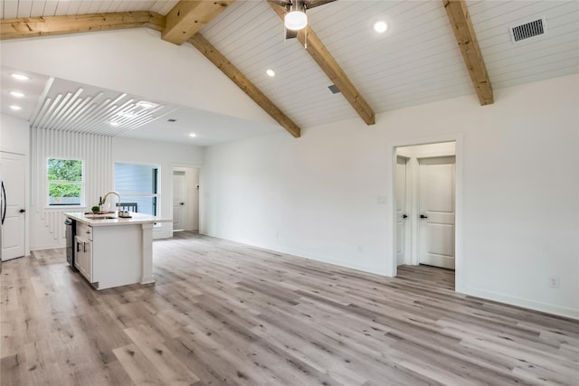 4014 Linder St, Houston, TX 77026 - kitchen with light wood-type flooring, a center island with sink, recessed lighting, light countertops, and open floor plan