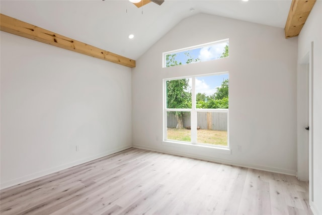 4014 Linder St, Houston, TX 77026 - spare room featuring light wood-style flooring, high vaulted ceiling, ceiling fan, recessed lighting, and baseboards