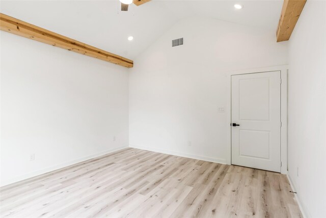 4014 Linder St, Houston, TX 77026 - spare room with light wood-style floors, recessed lighting, a ceiling fan, baseboards, and high vaulted ceiling