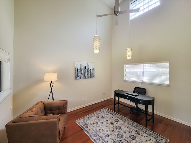 4900 Willow St, Bellaire, TX 77401 - office featuring plenty of natural light, dark wood-type flooring, baseboards, and a high ceiling