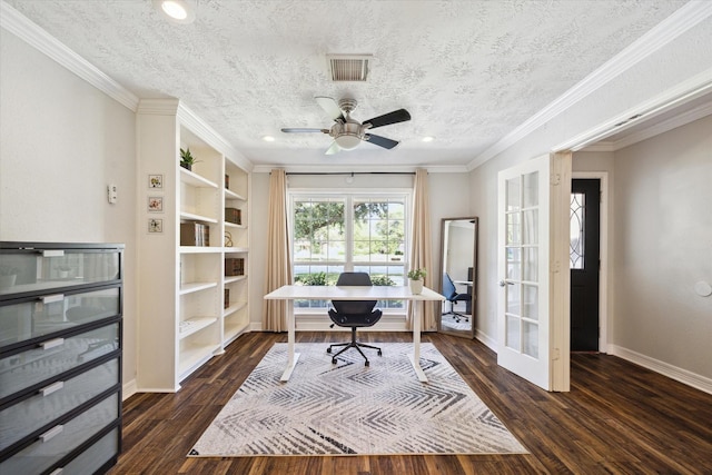 11102 Hillcroft St, Houston, TX 77096 - home office featuring dark wood-style flooring, baseboards, a ceiling fan, ornamental molding, and recessed lighting