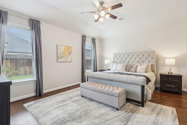 3403 Majestic Pine Ln, Rosenberg, TX 77471 - bedroom featuring multiple windows, wood finished floors, baseboards, ceiling fan, and vaulted ceiling