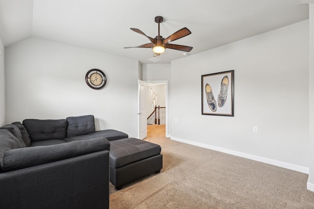 3403 Majestic Pine Ln, Rosenberg, TX 77471 - living area featuring light carpet, a ceiling fan, baseboards, and lofted ceiling
