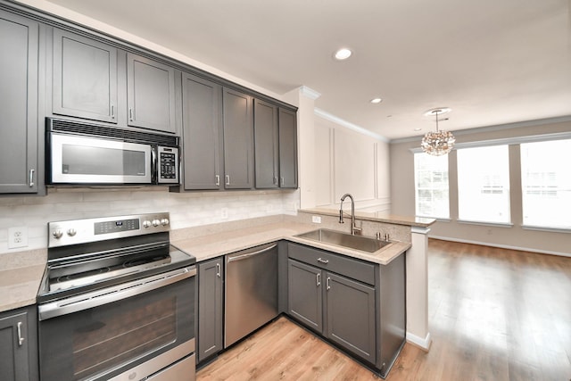 3001 Murworth Dr Unit 103, Houston, TX 77025 - kitchen featuring appliances with stainless steel finishes, a sink, a peninsula, a chandelier, and light countertops