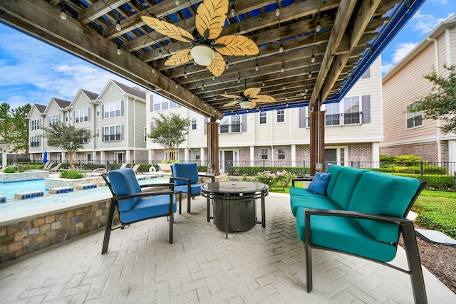 3001 Murworth Dr Unit 103, Houston, TX 77025 - view of patio / terrace featuring an outdoor living space with a fire pit, a residential view, and ceiling fan