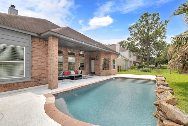18327 Marlin Waters Dr, Humble, TX 77346 - view of swimming pool with outdoor lounge area, a patio, and a ceiling fan