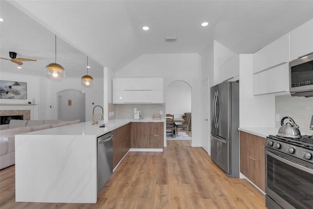 18327 Marlin Waters Dr, Humble, TX 77346 - kitchen featuring modern cabinets, appliances with stainless steel finishes, arched walkways, a sink, and vaulted ceiling