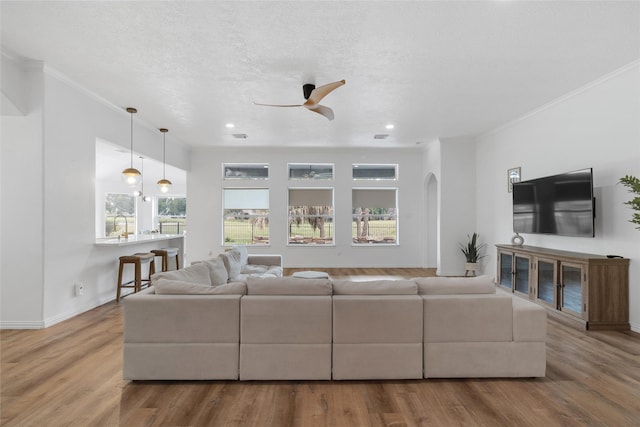 18327 Marlin Waters Dr, Humble, TX 77346 - living room featuring a ceiling fan, ornamental molding, arched walkways, wood finished floors, and baseboards