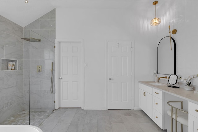 18327 Marlin Waters Dr, Humble, TX 77346 - full bathroom with a walk in shower, vanity, and lofted ceiling