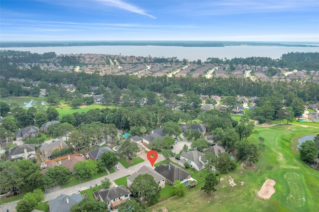 18327 Marlin Waters Dr, Humble, TX 77346 - aerial view of property's location featuring nearby suburban area, a large body of water, and a local golf course