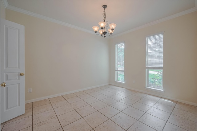 4515 Tremont Glen Ln, Katy, TX 77494 - empty room with ornamental molding, a chandelier, light tile patterned flooring, and baseboards