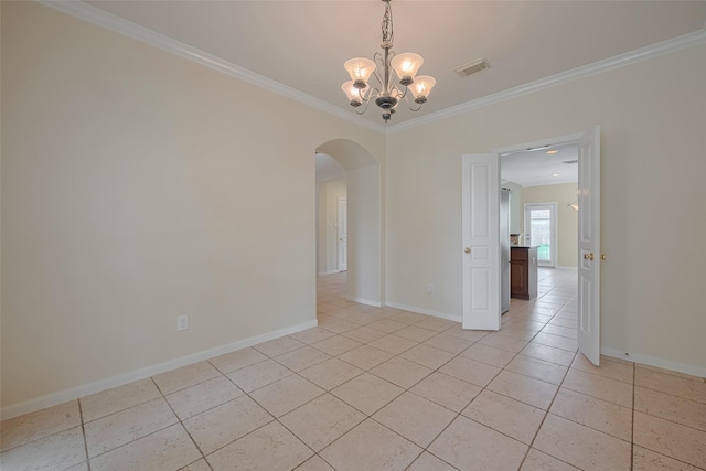 4515 Tremont Glen Ln, Katy, TX 77494 - empty room featuring arched walkways, crown molding, light tile patterned floors, a chandelier, and baseboards