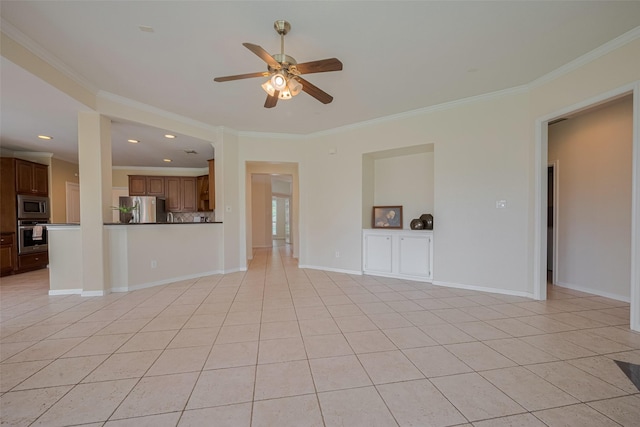 4515 Tremont Glen Ln, Katy, TX 77494 - unfurnished living room featuring ornamental molding, ceiling fan, light tile patterned floors, recessed lighting, and baseboards