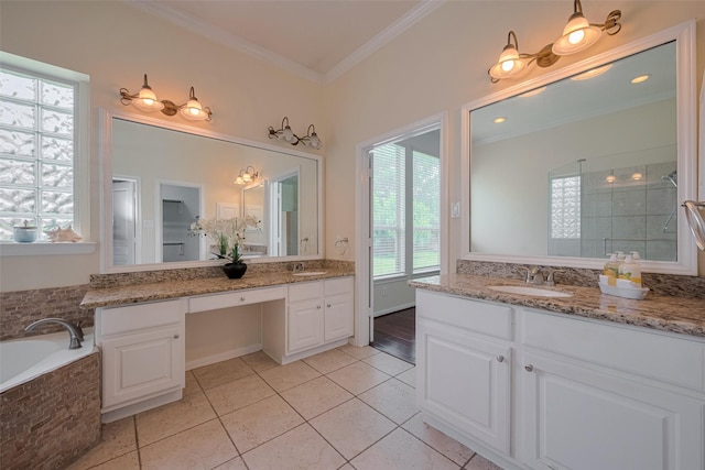 4515 Tremont Glen Ln, Katy, TX 77494 - full bath featuring tile patterned flooring, crown molding, two vanities, a garden tub, and a tile shower
