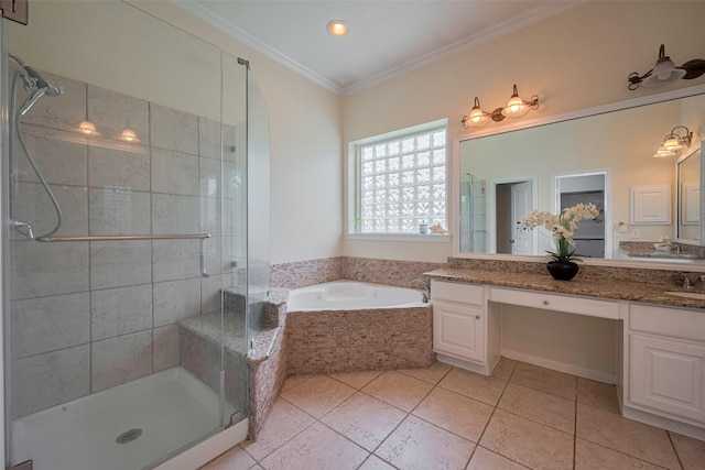 4515 Tremont Glen Ln, Katy, TX 77494 - bathroom featuring vanity, a bath, crown molding, a shower stall, and tile patterned floors