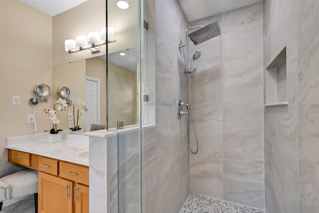 1805 Twin Oaks St, Friendswood, TX 77546 - full bathroom with a stall shower, vanity, and a chandelier
