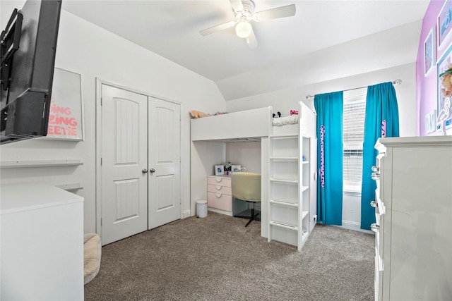 24747 Ballad Dr, Katy, TX 77493 - carpeted bedroom with lofted ceiling, a closet, and ceiling fan