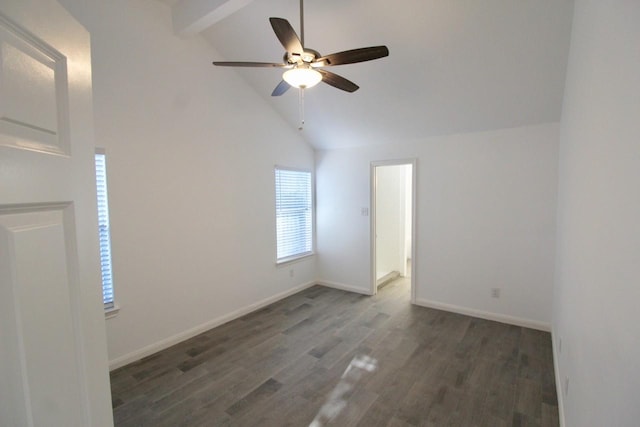 5326 Village Springs Dr, Houston, TX 77339 - empty room featuring a ceiling fan, beamed ceiling, high vaulted ceiling, baseboards, and wood finished floors