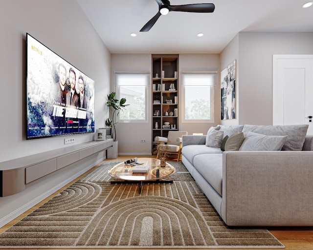4433 Phlox St, Houston, TX 77051 - living room featuring recessed lighting, ceiling fan, wood finished floors, and baseboards