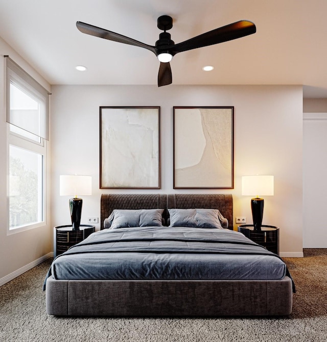4433 Phlox St, Houston, TX 77051 - bedroom featuring carpet flooring, baseboards, recessed lighting, and a ceiling fan