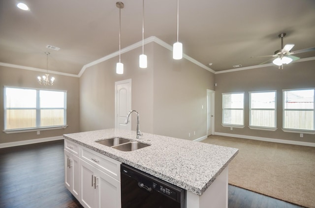 4215 Sterling St, Houston, TX 77051 - kitchen with black dishwasher, a sink, open floor plan, healthy amount of natural light, and ornamental molding