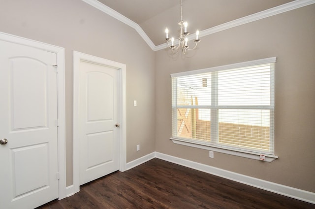 4215 Sterling St, Houston, TX 77051 - empty room with a chandelier, lofted ceiling, ornamental molding, dark wood-style floors, and baseboards