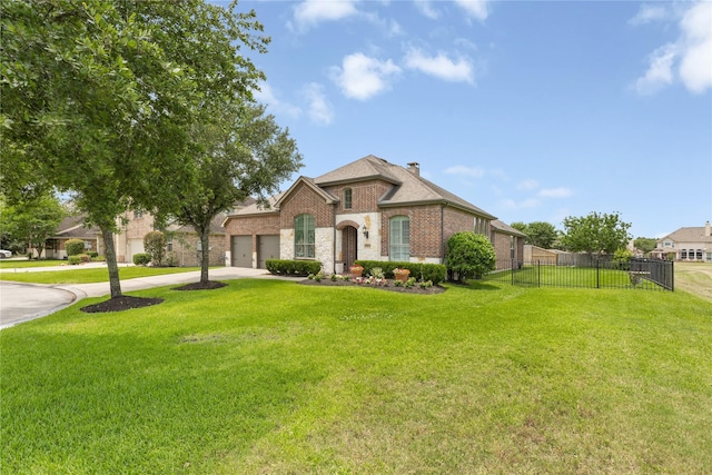 25019 Bahme Springs Ln, Porter, TX 77365 - view of front of house with brick siding, a garage, driveway, and a chimney