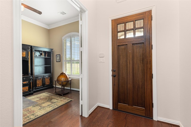 25019 Bahme Springs Ln, Porter, TX 77365 - foyer featuring crown molding, dark wood finished floors, baseboards, and a ceiling fan