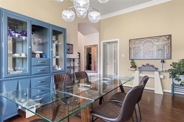 25019 Bahme Springs Ln, Porter, TX 77365 - dining room with crown molding, dark wood-type flooring, and baseboards