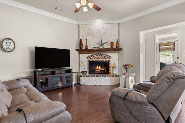 25019 Bahme Springs Ln, Porter, TX 77365 - living area featuring crown molding, a ceiling fan, wood finished floors, and a stone fireplace