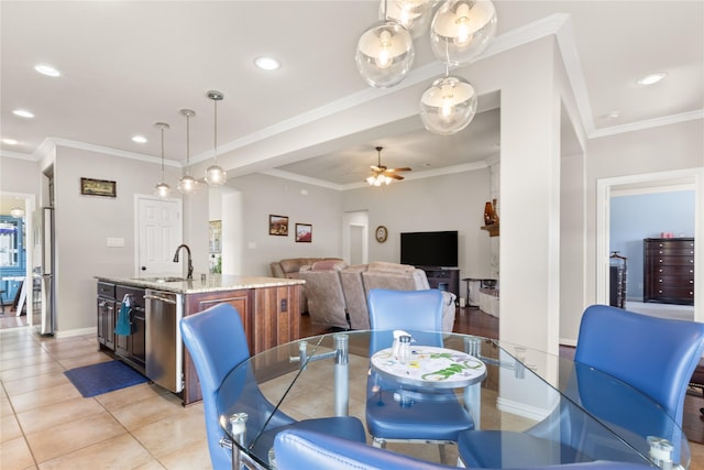 25019 Bahme Springs Ln, Porter, TX 77365 - dining room featuring a ceiling fan, recessed lighting, light tile patterned floors, crown molding, and baseboards