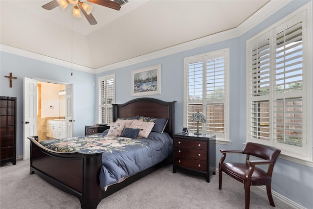 25019 Bahme Springs Ln, Porter, TX 77365 - bedroom featuring carpet floors, crown molding, baseboards, ensuite bath, and a ceiling fan