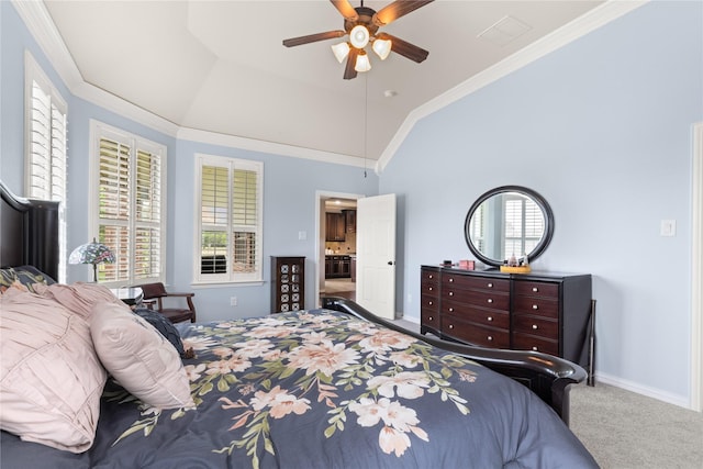 25019 Bahme Springs Ln, Porter, TX 77365 - carpeted bedroom featuring multiple windows, ornamental molding, baseboards, ceiling fan, and lofted ceiling