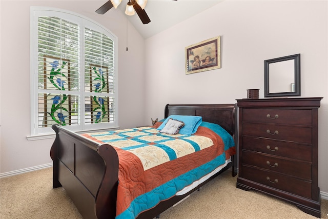 25019 Bahme Springs Ln, Porter, TX 77365 - bedroom featuring carpet floors, vaulted ceiling, baseboards, and ceiling fan