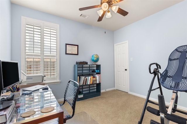 25019 Bahme Springs Ln, Porter, TX 77365 - home office featuring ceiling fan, baseboards, and carpet