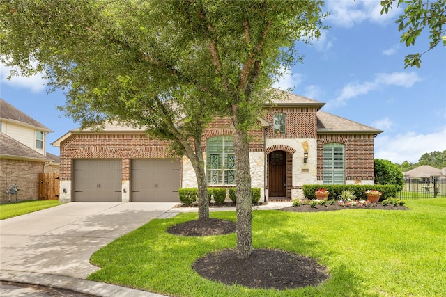 25019 Bahme Springs Ln, Porter, TX 77365 - view of front of home featuring brick siding, concrete driveway, a garage, a shingled roof, and stone siding