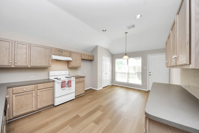 1805 Coronel St, Alvin, TX 77511 - kitchen featuring white electric range, under cabinet range hood, light brown cabinets, light wood-style flooring, and lofted ceiling