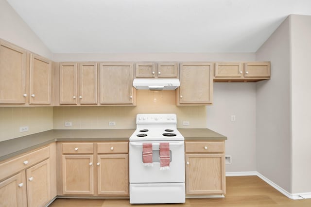 1805 Coronel St, Alvin, TX 77511 - kitchen featuring white electric range, light brown cabinetry, under cabinet range hood, and vaulted ceiling