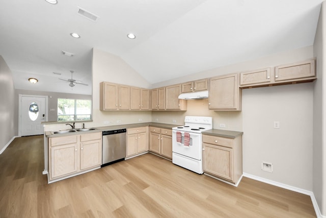 1805 Coronel St, Alvin, TX 77511 - kitchen featuring stainless steel dishwasher, white range with electric cooktop, light brown cabinets, under cabinet range hood, and a sink