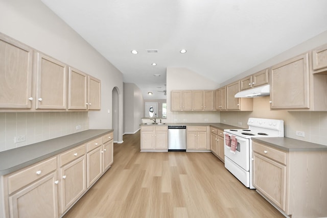 1805 Coronel St, Alvin, TX 77511 - kitchen featuring electric stove, light brown cabinets, dishwasher, under cabinet range hood, and arched walkways