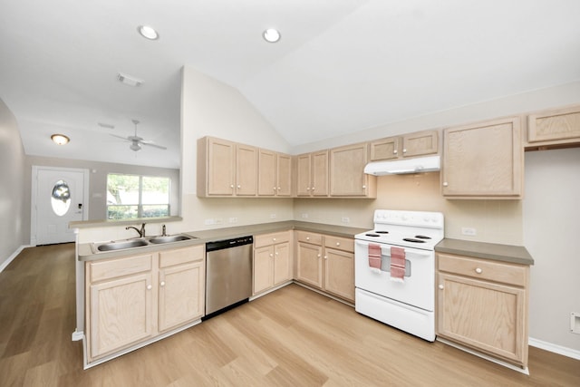 1805 Coronel St, Alvin, TX 77511 - kitchen with light brown cabinetry, stainless steel dishwasher, electric range, a sink, and lofted ceiling