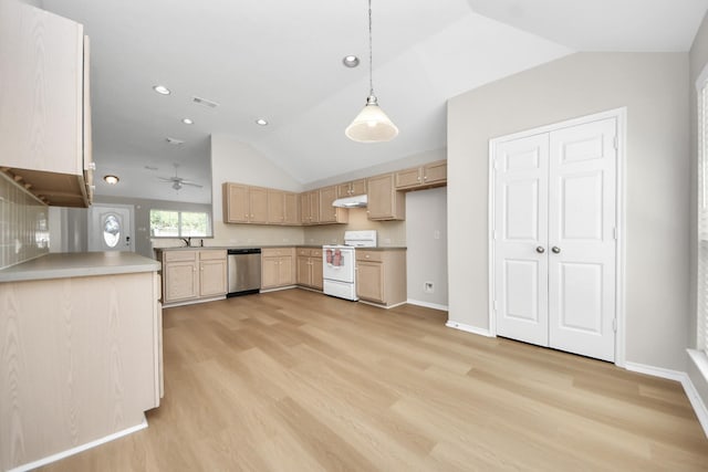1805 Coronel St, Alvin, TX 77511 - kitchen featuring electric stove, stainless steel dishwasher, vaulted ceiling, under cabinet range hood, and light brown cabinets