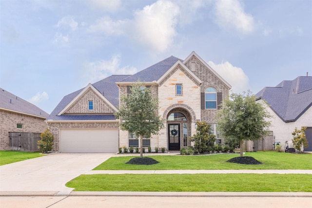 4131 Creek Shore Ln, Fulshear, TX 77441 - french country style house with concrete driveway, brick siding, a garage, and stone siding