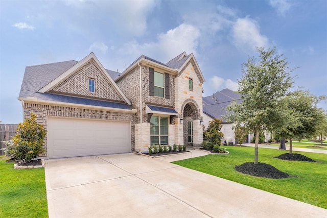 4131 Creek Shore Ln, Fulshear, TX 77441 - view of front facade featuring driveway, a front yard, stone siding, a garage, and a shingled roof