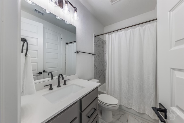 4131 Creek Shore Ln, Fulshear, TX 77441 - full bathroom with vanity, toilet, shower / bathtub combination with curtain, and marble finish floors